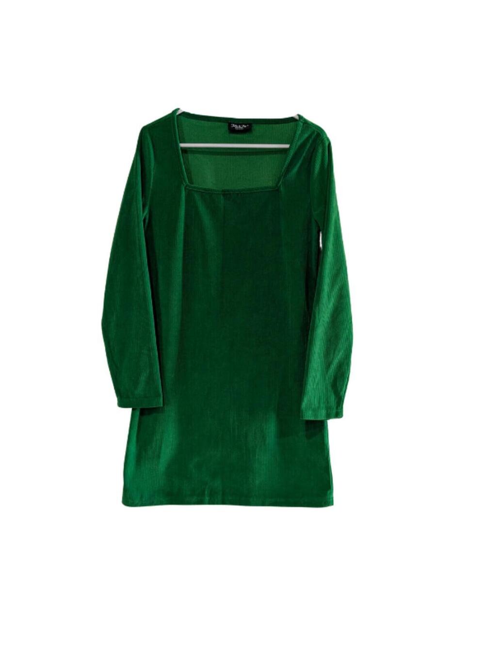 Jolie & Joy Women's Velour Ribbed Mini Dress, Green, Large, Long Sleeve, Stretch